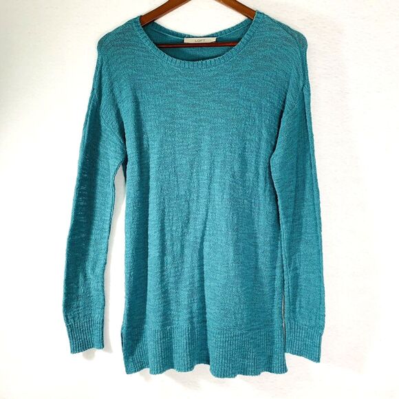Loft Sweater Women Small Turquoise Tunic Boat Neck Side Slit Coastal Mermaid - Picture 10 of 10